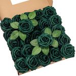 DuHouse 25Pcs Artificial Roses Flowers Fake Rose with Stems Real Touch Foam Flower Head for DIY Wedding Bridal Bouquet Baby Shower Centerpiece Floral Arrangement Party Home Decor(Hunt Green)