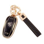 Koaudb for Tesla Key Fob Cover Holder, 3 Buttons Soft TPU Key Fob Protector with Leather Key Fob Keychain Fit for Tesla Model 3 Model S Model Y Smart Key Fob Case Black Gold (BP-TSL)