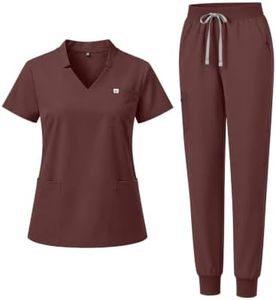 Eadflie Scrubs for Women Set- V-neck Slit Top & Tapered Jogger Pants, 8-Pocket Stretch Uniforms for Nurses & Healthcare Professionals- [Brown/L]