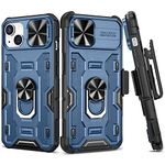 VEGO Case for iPhone 13 / iPhone 14 Case with Belt Clip Holster, Slide Camera Cover & Magnetic 360°Rotatable Ring Kickstand Heavy Duty Protection Rugged Case for iPhone 13 / iPhone 14 - Dark Blue