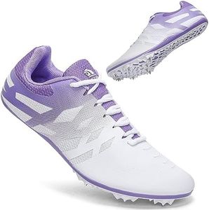 THESTRON Men Women Kids Track and Field Shoes Professional 8 Spikes Running Racing Sneakers Breathable Lightweight Sprinting Shoes (10,White Purple)