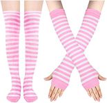 Benefeet Sox Womens Girls Striped Thigh High Socks Over Knee High Socks Leg Arm Warmer Fingerless Gloves Set Tube Costume, Pink White Striped, 6-11