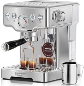 Neretva Espresso Machine, 2 in 1 Stainless Steel Coffee and Espresso Maker Combo, 1450 W, 15 Bar Espresso Coffee Machine for Espresso, Latte, Macchiato, Cappuccino, Ideal for Home, Barista (Silver)