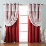 Best Home Fashion Mix & Match Tulle Sheer with Attached Valance & Solid Blackout Curtain Set – Stainless Steel Nickel Grommet Top – Cardinal Red – 52" W x 96" L – (2 Curtains and 2 Sheer Curtains)