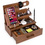 TESLYAR Wood Phone Docking Station with Drawer - Desk Accessories & Workspace Organizer - Nightstand Organizer - Birthday Gifts for Men or Dad - Idea for Anniversary - Key Holder Stand Watch (Beige)