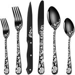 24-Piece Black Silverware Set with Steak Knife, Black Flatware Sets for 4, Stainless Steel Cutlery Set Includes Forks Knives Spoons,Unique Pattern Design，Mirror Polished and Dishwasher Safe