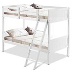 KOTEK Wooden Twin Bunk Beds, Detachable Twin Over Twin Bunk Beds for Kids, Solid Rubberwood Bunk Bed with Ladder and Safety Rail (White)