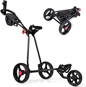 GYMAX Chariot de Golf à 3 Roues, Voiturette Golf Pliable avec Poignée Réglable et Sacs en Maille, Chariot de Golf Manuel avec Roues Amovibles avec Freins, 132 x 91 x 60 cm, Noir