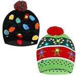 Belle Vous LED Christmas Beanie Hats (2 Pack) - Unisex Bobble Hats - Stretchable Knitted Hats with 6 LED Lights - Gingerbread Men & Lights Light Up Christmas Caps for Xmas Party and Winter Celebration