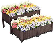 Taylor & Brown Set Of 4 Elevated Plastic Raised Garden Bed Planter Box Kit Rattan Effect For Flower Vegetable Herbs With Water Design & Drainage Holes - Brown