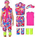 Cosrea Ken Costume for Men Sportswear Tank top Vest Beach Shorts Sun Visor Kneepad Outfit 80s Workout for Adult Halloween, Pink, Medium