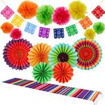 TESION 16 Pieces Fiesta Party Decorations Kit Including 1 Mexican Serape Table Runner, 6 Fiesta Colorful Paper Fans Round Wheel Disc, 8 Pom Poms Flowers, 1 Felt Papel Picado Banner for Cinco De Mayo