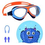 SLOVIC Orange Goggles with Blue Bear Printed Swimming Caps for Kids | Waterproof | Anti-Fog Glasses | Perfect Fit for Boys & Girl | Swimming Caps for Kids 6-14 | No Hair Pulling | Free Size Cap