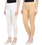 Women's Ankle Length Skinny Fit Leggings Pack Of 2, Free Size (White + Beige)