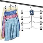 Premium 4-Tier Trouser Hangers with Clips (6 Pack) Strong & Durable Chrome Metal Skirt Hangers - Space Saving, Multi Layer Hanger for Trousers with Non Slip Adjustable Clip - Hang Slack/Pant & Jean