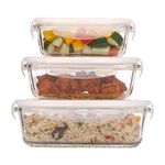 Femora Borosilicate Rectangular Glass Food Storage Container With Air Vent Lid-Set Of 3 Pcs - (400Ml, 620 Ml, 1000 Ml), 1 Year, Transparent