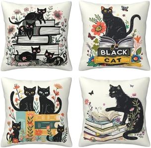 Black Cat and Books Pillows Cover Set of 4 Floral Butterfly Decor Throw Pillow Covers Cat Pillowcase Cushion Case Reading Pillow Decorative for Couch Sofa Home Office Outdoors 18x18 Inch