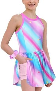 MODAFANS Girls Tennis Golf Dress Sleeveless Athletic Pleated Outfits Sets Built in Shorts with Pockets Multi Rainbow,12-13Years