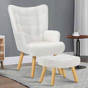 ALFORDSON Boucle Armchair Nursing Chair with Ottoman Footstool Bozena Series, Leisure Occasional Lounge Sofa Wooden Legs, Accent Chair for Reading Dressing Bedroom Living Room, 180kg Loading, White