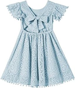 Beganly Toddler Girls Lace Dress Baby Kids Tie Back Bow Pom Pom Ruffle Sleeve Backless Party Princess Dresses, Blue, 3 Years
