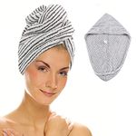 Microfiber Hair Towel Wrap, Hair Turban Towel Soft and Anti Frizz Head Towel Super Absorbent Hair Drying Towel with Buttons Fasten Salon Dry Hair Hat for Women Girls (Stripe)