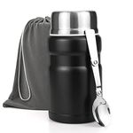 Food Flask, 750ml Vacuum Insulated Food Jar Stainless Steel Double Walled Vacuum Insulated Food Containers for Hot Cold Food, Kids and Adults Leakproof Soup Flask with Folding Spoon & Bag - Black