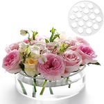 GIVMOR COLOS Acrylic Flower Vase 8 in Dia. Circular Leak-Proof Clear Acrylic Low Vase with 16+5 Holes - Low-Profile Cylinder Floral Centerpiece for Table - Clear