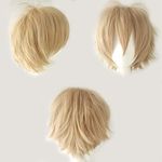 Cybelleza Anime Cosplay Wig Short Blonde Wigs for Women/Men Synthetic Curly Straight Fancy Dress Wig Layered Fluffy Halloween Costume Party Carnival Wig with Free Cap, Linen Blonde