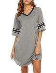 Ekouaer Women's Nightgown Cotton Sleep Shirt V Neck Short Sleeve Loose Comfy Pajama Sleepwear,Light Grey,XXL