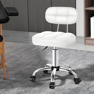 ALFORDSON PU Leather Salon Stool with Backrest Tufan Series, Office Drafting Rolling Stools in 49-64.5cm Adjustable Height, Swivel Spa Chair with Rolling Wheels for Massage Table, White