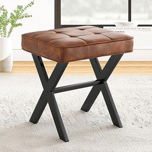 LUE BONA Vanity Stool, Square Faux Leather Makeup Stool with Metal X Legs, Small Ottoman Stool Chair for Vanity, Modern Padded Vanity Seat Foot Rest Stool for Makeup Room, Living Room, Reddish Brown