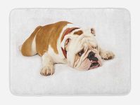 Ambesonne English Bulldog Bath Mat, Sad and Tired Bulldog Laying Down European Pure Breed Animal Photography, Plush Bathroom Decor Mat with Non Slip Backing, 30.2" x 20", Cream Brown