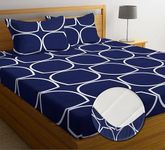 NEW LEAF Premium Cotton Elastic Fitted Bedsheets with 2 King Size Pillow Covers Double Bed with All Around Elastic Supersoft Size - 72 x 78 +10 inches Blue White Oval Pattren 200 tc - 220 tc