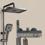 Q-IMAGE Thermostatic Shower Set with Piano Switches Shower Panel with Head Shower Hand Shower Bidet Gun Temperature Display Matt Black Finish