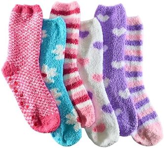 Tipi Toe Women's 6-Pairs Vibrant Solid Colors Stripes Heart Flowers Pattern Premium Soft Microfiber Winter Soft Fuzzy Crew Socks, FZ05-T1