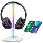 Headphone Stand New Bee RGB Gaming Headset Stand with USB Data Transmission &USB-C Charging Port Headphones Holder Earphone Stand for PC Desktop Table Game Earphone Accessories(Silver)