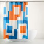 TOWN & COUNTRY PLAY Lucy Mid Century Squares Cotton-Rich Breathable Fabric Shower Curtain with Anti-Rust Grommets, White/Orange/Blue, 70"x72"