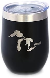 Great Lakes Map Wine Tumbler with Sliding Lid - Stemless Stainless Steel Insulated Cup - Cute Outdoor Camping Mug - Black
