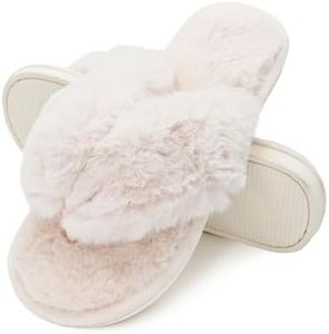 Onmygogo Rabbit hair Indoor Thong Slippers for Women Open Toe with Memory Foam, Soft Faux Fur Nonslip House Slippers(Natural,M)