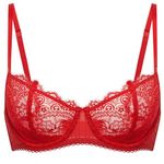 DOBREVA Women's Lace Balconette Bra Half Cup Non Padded Push Up Underwire Sheer Bras Lipstick Red 38B