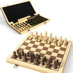 15" Wooden Folding Chess & Checkers Set - 2 in 1 Board Game with 3" King Staunton Pieces and 2 Extra Queens