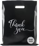 Rainbows & Lilies 100 Thank You Plastic Bags with Handles - 12"W x 15"H Thick Reusable Bulk Shopping Bags for Small Business, Retail, Boutique, Merchandise, Clothes, Gifts, Goodie Party Favors (Black)