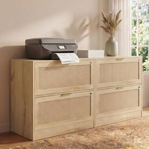 HOPUBUY 2 Drawer File Cabinet with Lock Set of 2, Printer Stand Lateral Filing Cabinets for Home Office and School, Wood Rattan File Cabinet for Hanging Files/Letter/Legal/A4/F4 Size, Natural Wood