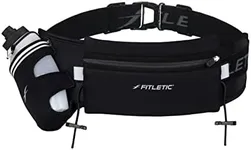 Fitletic Hydration Running Belt with 12oz Quick Flow Water Bottle for Men & Women –Race Belt, Gel Holders & Bib Toggles Patented Bounce Free Design, Water Resistant- Fits All Phones – Fully Loaded