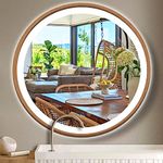 ARUMMA Wood Frame Round LED Bathroom Mirror with Lights 20 Inch Wood Round Lighted Mirror for Bathroom Wall Vanity Lighted Circle Mirror 3 Color Dimmable Anti Fog Bathroom Light up Smart Circle Mirror