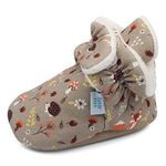 Dotty Fish Cotton Baby Booties with Suede Sole - Warm Fleece Lining – Non-Slip, Stay On Slippers. Brown with Woodland Animals. 0-6 months