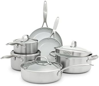 GreenPan Venice Pro Tri-Ply Stainless Steel Healthy Ceramic Non-Stick 10 Piece Cookware Pots and Pans Set, Includes Frying Pans, Saucepans, Sauté pan, PFAS Free, Multi Clad, Induction,Oven Safe,Silver