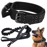 Tactical Dog Collar and Lead Set - Military Dog Collar Training Collar Reflective Dog Collar and Dog Leads Strong Dog Leash Shock Absorbing with Padded Handle for Medium Large Dogs (XL, P1-BLACK)