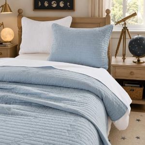 Brandream Kids Outer Space Bedding Set Queen Full Size Cotton Dusty Blue Quilts Space Astronaut Rockets Stitching Coverlet Set 3-Piece