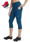 BALEAF Women's Cycling Shorts Lycra 4D Padded Cycling Capri Trousers High Waist Cycling Bicycle Padding Tights with Pockets, blue, L